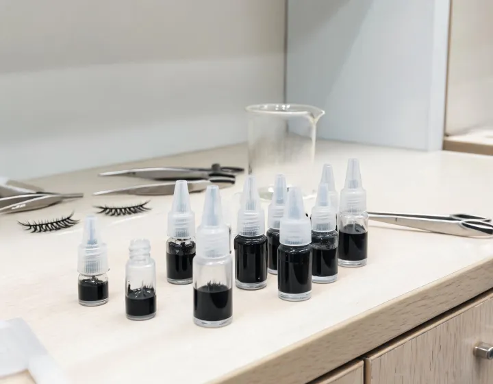 Lash Glue Sourcing on a cosmetics bench, illustration only