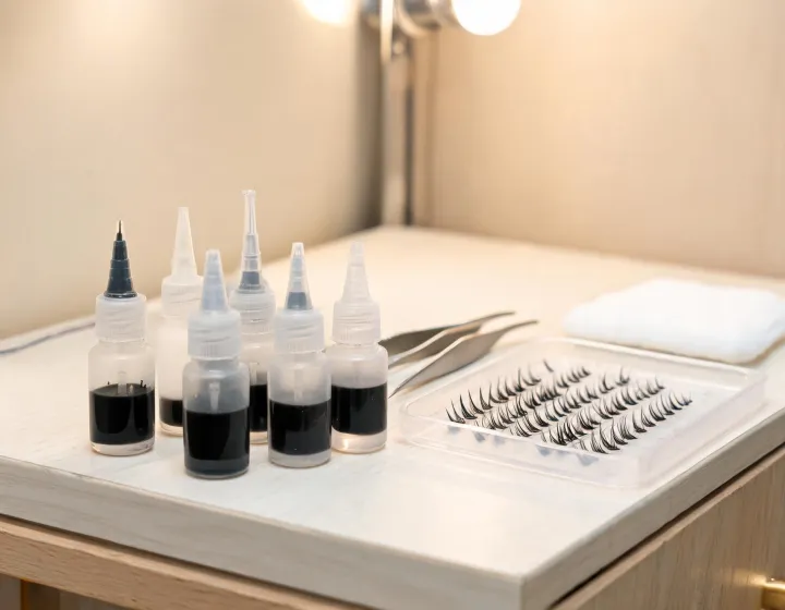 lash glue for individual lashes on a cosmetics bench, illustration only