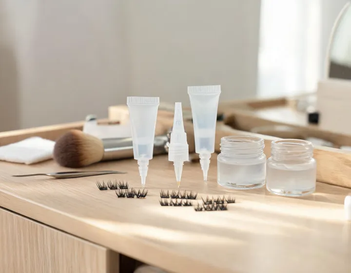 lash glue clusters on a cosmetics bench, illustration only