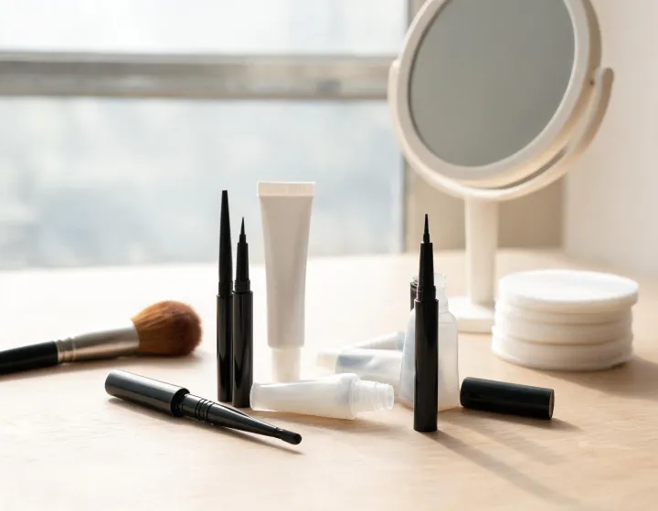 lash glue eyeliner on a cosmetics bench, illustration only
